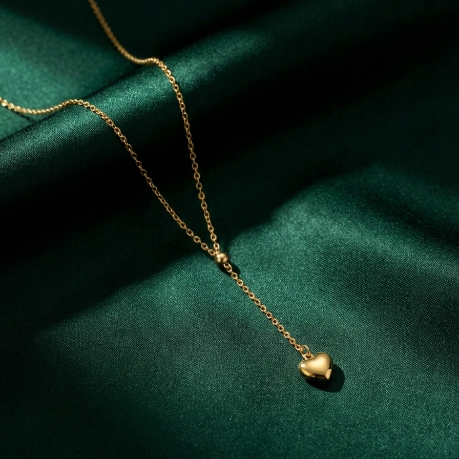 Model wearing gold Y-shape lariat necklace with heart drop on black shirt.