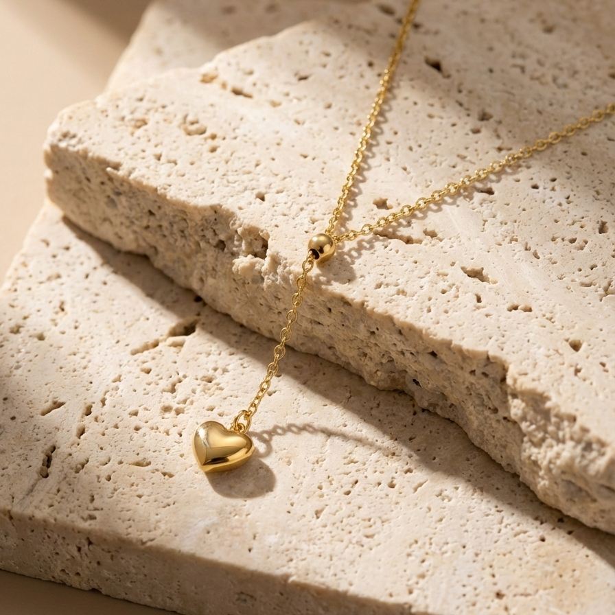 Model wearing gold Y-shape lariat necklace with heart drop on black shirt.