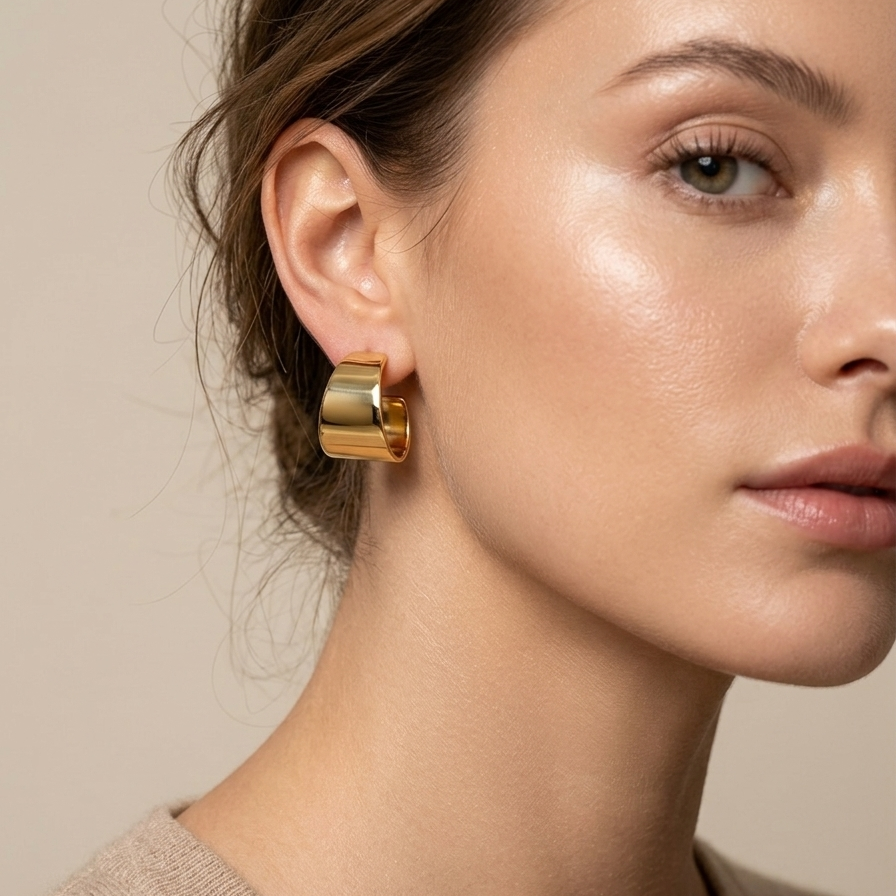 Close-up of a woman wearing 18kt gold plated hoops against a neutral background.