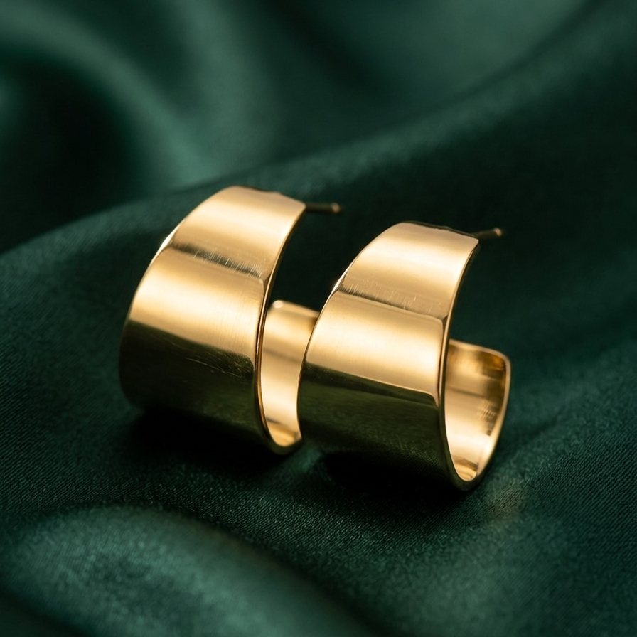 18kt gold plated wide sculpted huggies on a green fabric background.