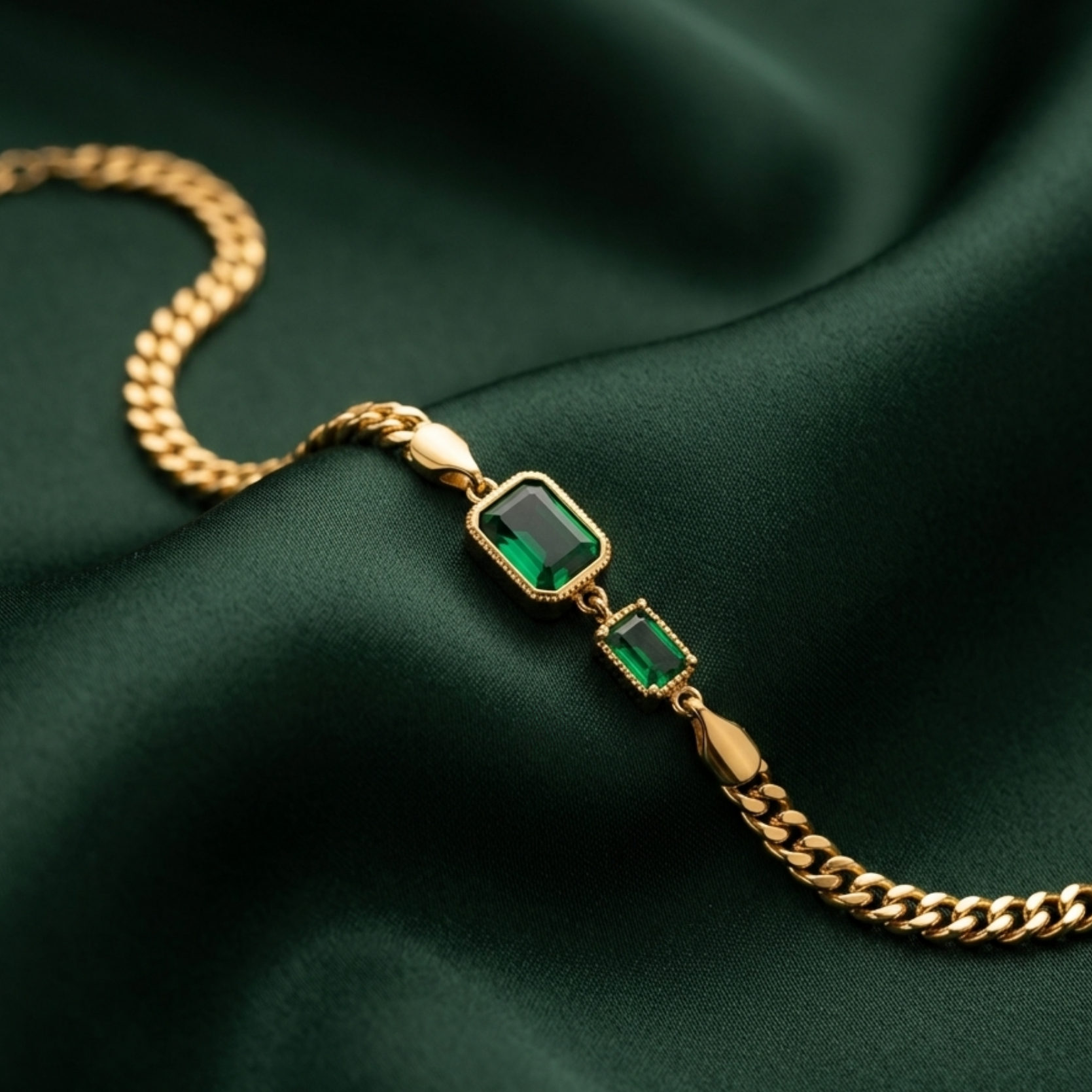 Gold bracelet with green gemstones on a dark green fabric background